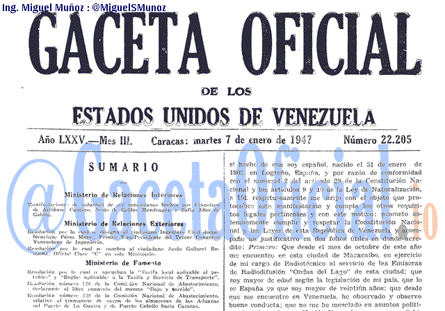 Gaceta Oficial 22205 del 7 Enero 1947