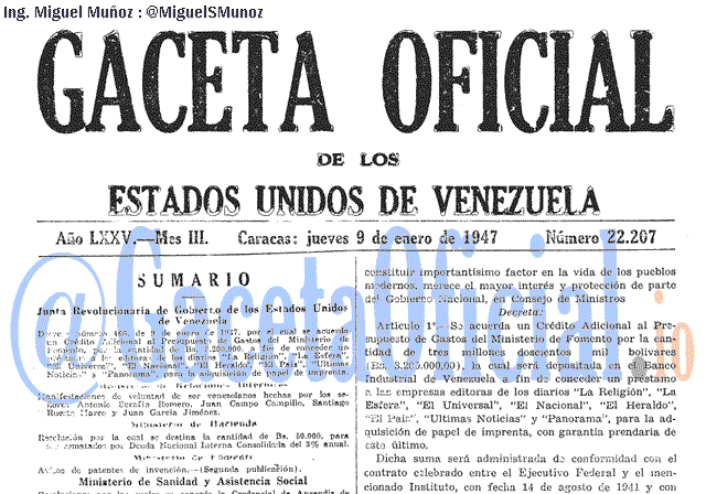 Gaceta Oficial 22207 del 9 Enero 1947
