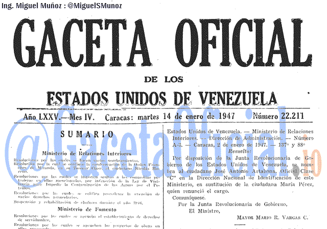 Gaceta Oficial 22211 del 14 Enero 1947