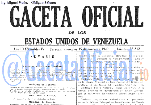 Gaceta Oficial 22212 del 15 Enero 1947