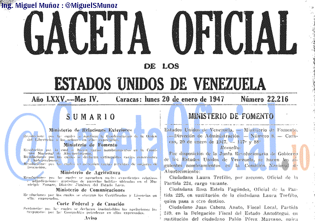 Gaceta Oficial 22216 del 20 Enero 1947