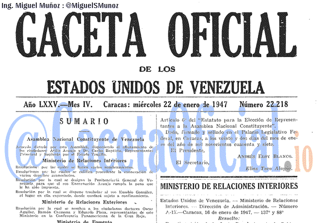 Gaceta Oficial 22218 del 22 Enero 1947
