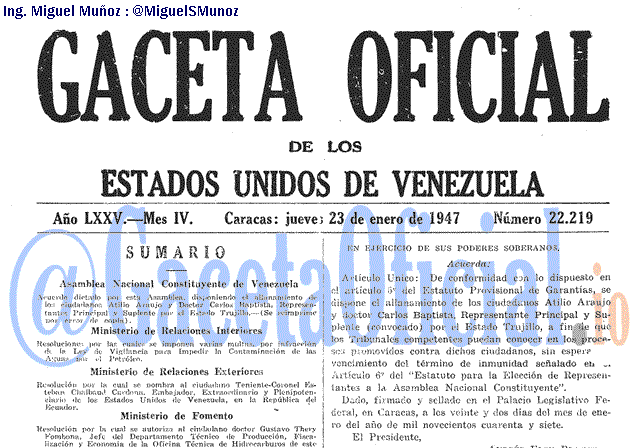 Gaceta Oficial 22219 del 23 Enero 1947