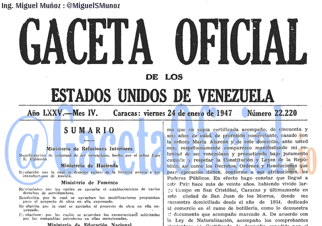 Gaceta Oficial 22220 del 24 Enero 1947