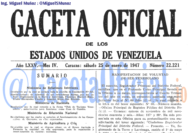 Gaceta Oficial 22221 del 25 Enero 1947