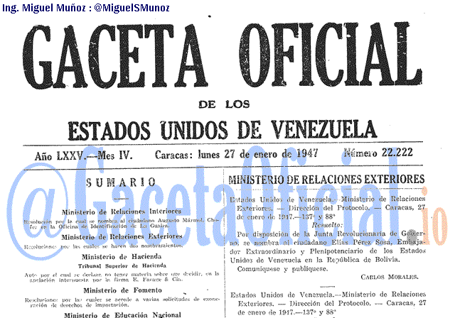 Gaceta Oficial 22222 del 27 Enero 1947