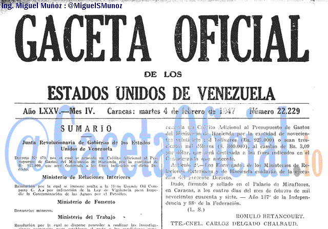 Gaceta Oficial 22229 del 4 Febrero 1947