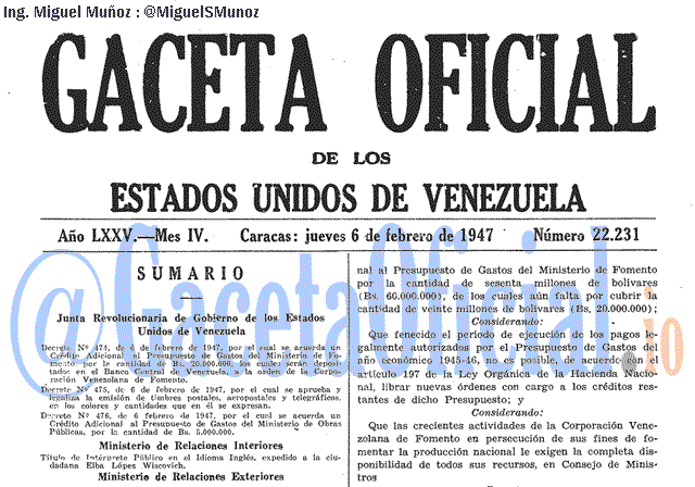 Gaceta Oficial 22231 del 6 Febrero 1947