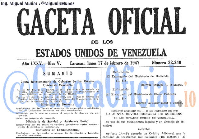 Gaceta Oficial 22240 del 17 Febrero 1947