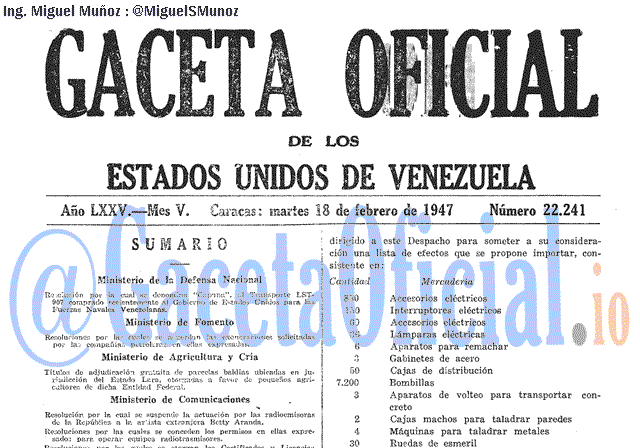 Gaceta Oficial 22241 del 18 Febrero 1947