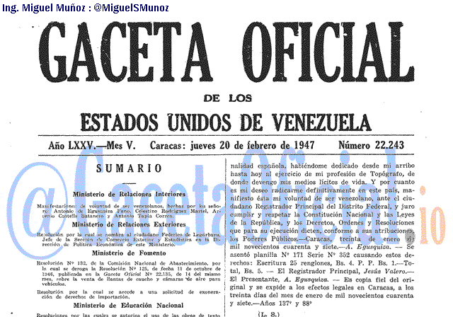 Gaceta Oficial 22243 del 20 Febrero 1947