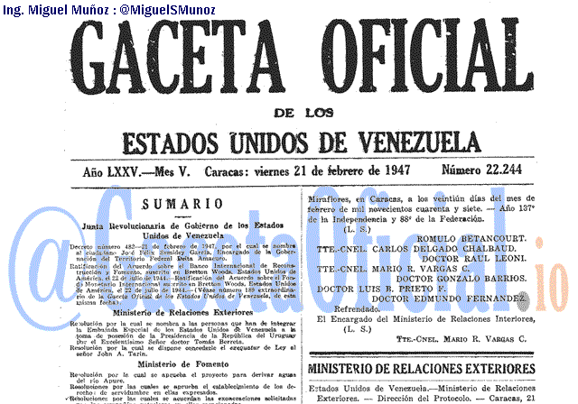 Gaceta Oficial 22244 del 21 Febrero 1947