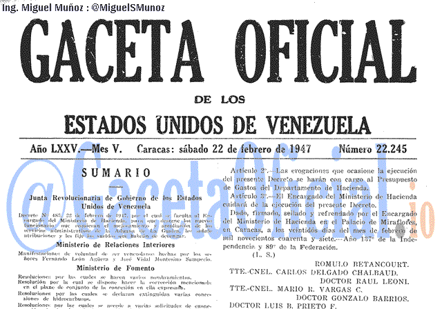 Gaceta Oficial 22245 del 22 Febrero 1947