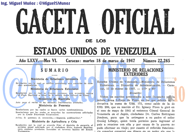 Gaceta Oficial 22265 del 18 Marzo 1947
