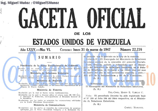 Gaceta Oficial 22276 del 31 Marzo 1947