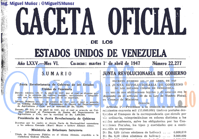 Gaceta Oficial 22277 del 1 Abril 1947