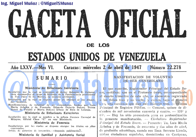 Gaceta Oficial 22278 del 2 Abril 1947