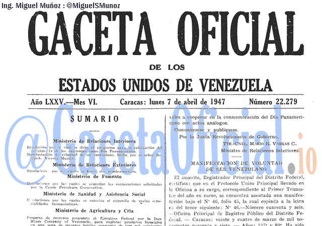 Gaceta Oficial 22279 del 7 Abril 1947