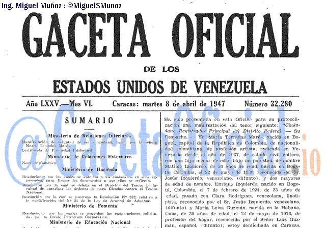 Gaceta Oficial 22280 del 8 Abril 1947