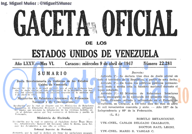 Gaceta Oficial 22281 del 9 Abril 1947