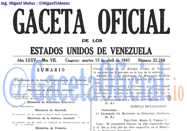 Gaceta Oficial 22286 del 15 Abril 1947