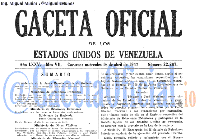 Gaceta Oficial 22287 del 16 Abril 1947