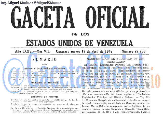 Gaceta Oficial 22288 del 17 Abril 1947