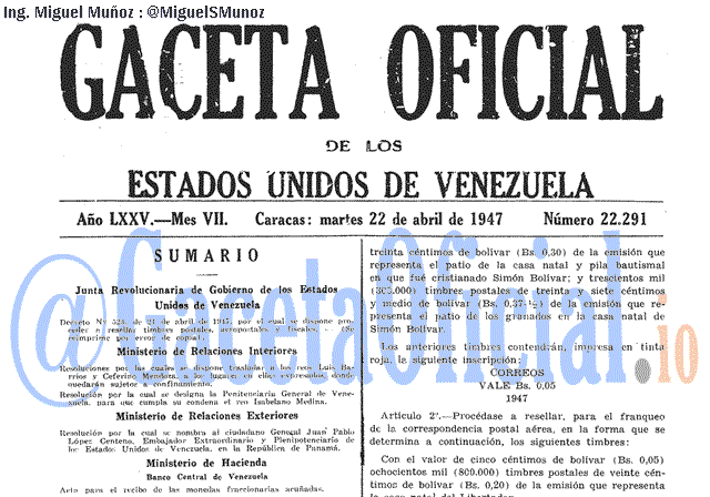 Gaceta Oficial 22291 del 22 Abril 1947