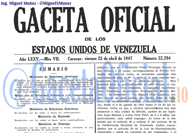 Gaceta Oficial 22294 del 25 Abril 1947