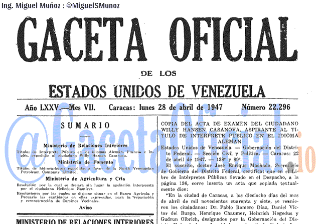 Gaceta Oficial 22296 del 28 Abril 1947
