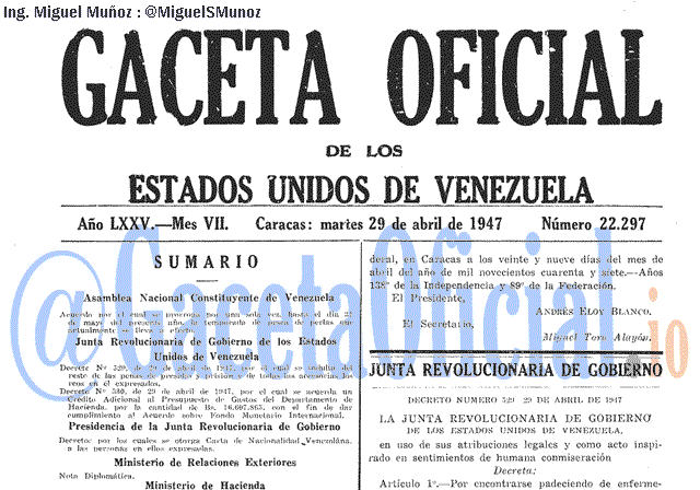 Gaceta Oficial 22297 del 29 Abril 1947
