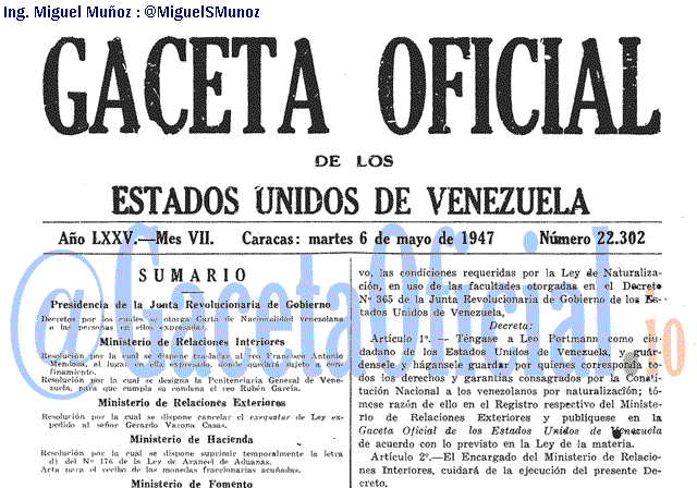 Gaceta Oficial 22302 del 6 Mayo 1947