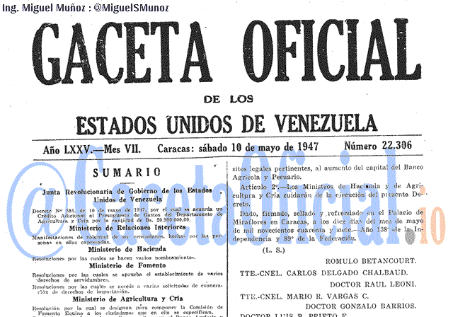 Gaceta Oficial 22306 del 10 Mayo 1947