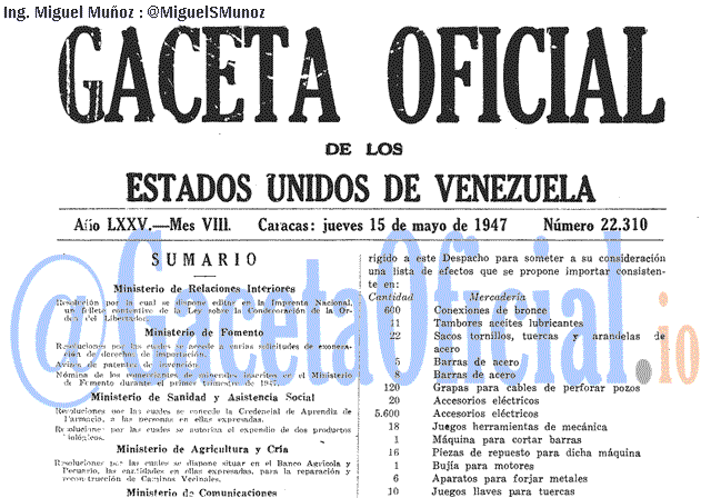 Gaceta Oficial 22310 del 15 Mayo 1947