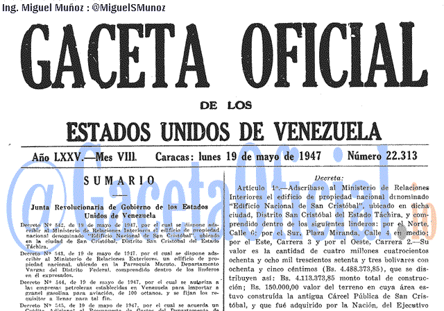 Gaceta Oficial 22313 del 19 Mayo 1947