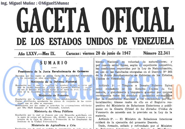 Gaceta Oficial 22341 del 20 Junio 1947