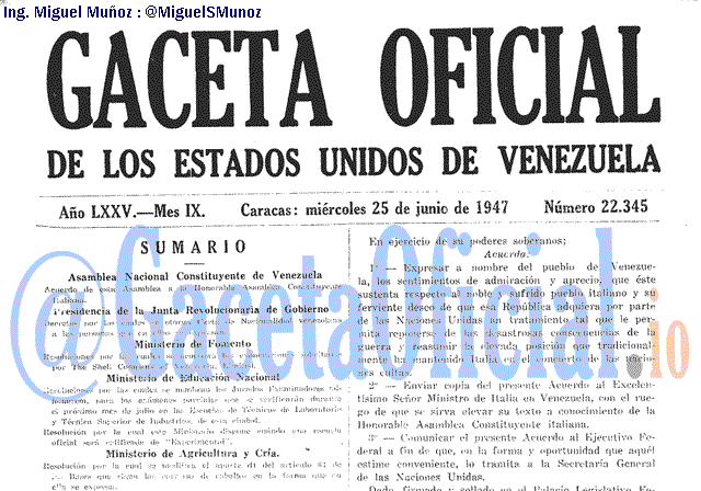 Gaceta Oficial 22345 del 25 Junio 1947
