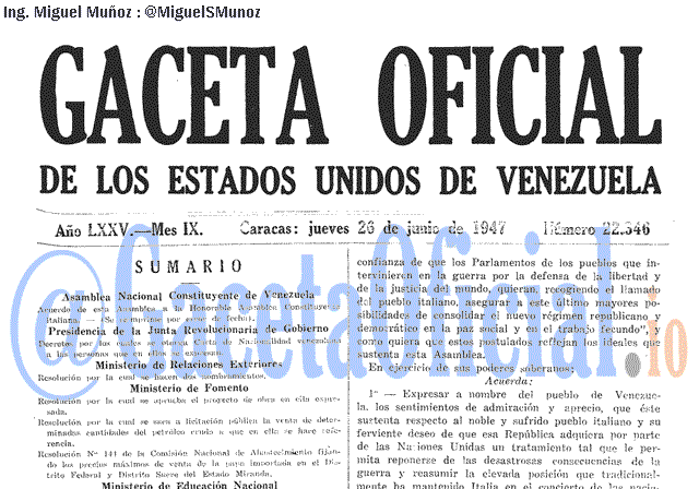Gaceta Oficial 22346 del 26 Junio 1947
