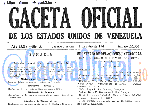Gaceta Oficial 22358 del 11 Julio 1947