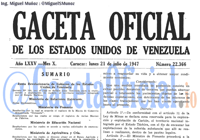 Gaceta Oficial 22366 del 21 Julio 1947