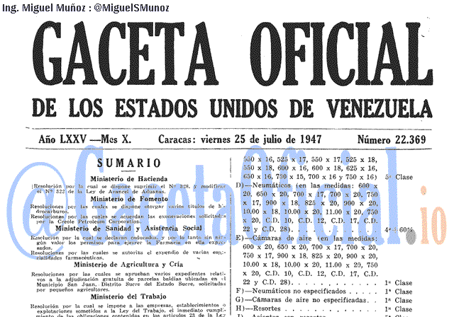 Gaceta Oficial 22369 del 25 Julio 1947