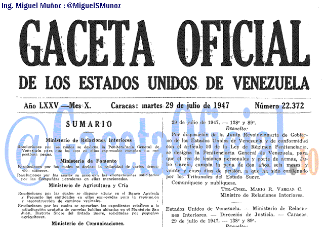 Gaceta Oficial 22372 del 29 Julio 1947