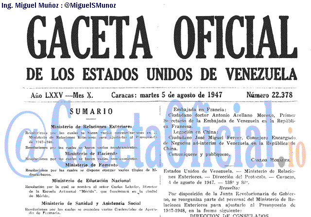 Gaceta Oficial 22378 del 5 Agosto 1947