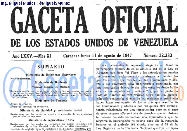 Gaceta Oficial 22383 del 11 Agosto 1947