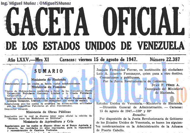 Gaceta Oficial 22387 del 15 Agosto 1947