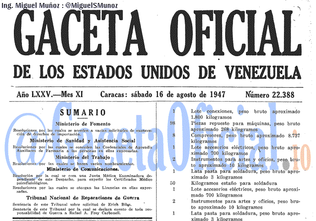 Gaceta Oficial 22388 del 16 Agosto 1947