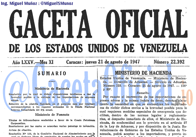 Gaceta Oficial 22392 del 21 Agosto 1947