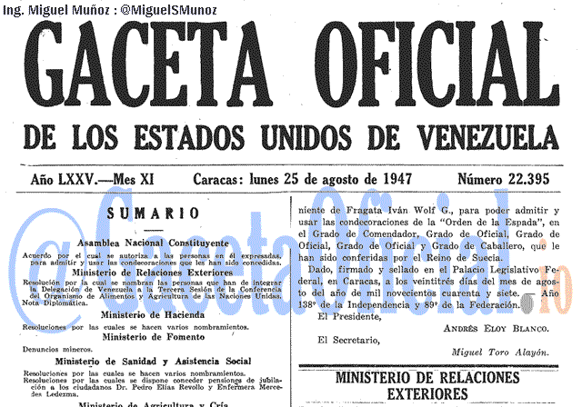 Gaceta Oficial 22395 del 25 Agosto 1947