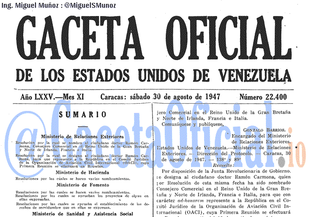 Gaceta Oficial 22400 del 30 Agosto 1947