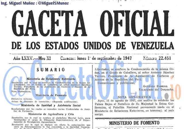 Gaceta Oficial 22401 del 1 Septiembre 1947